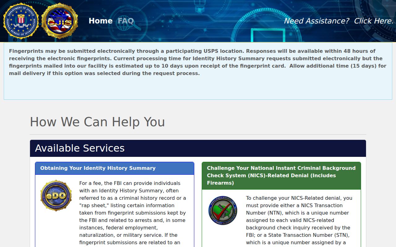 FBI Identity History Summary electronic ordering portal