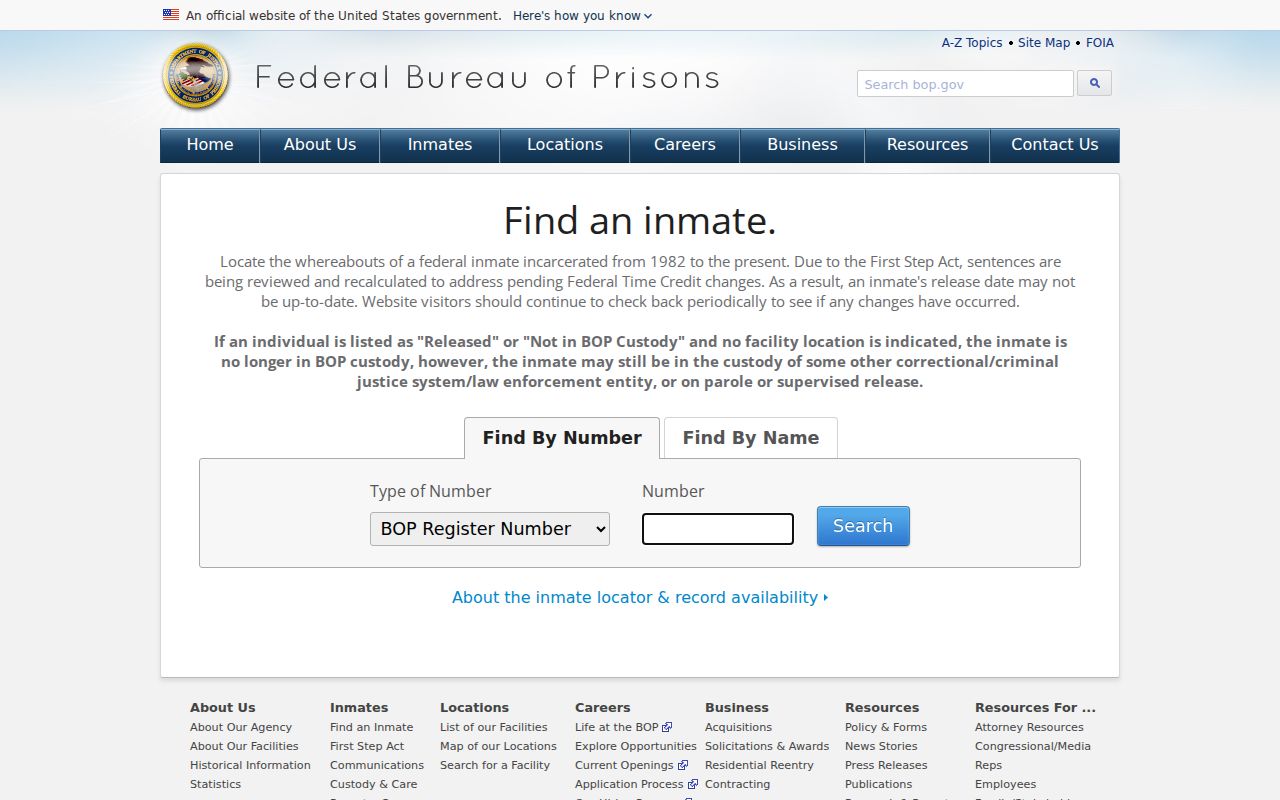 Federal Bureau of Prisons inmate locator search tabs