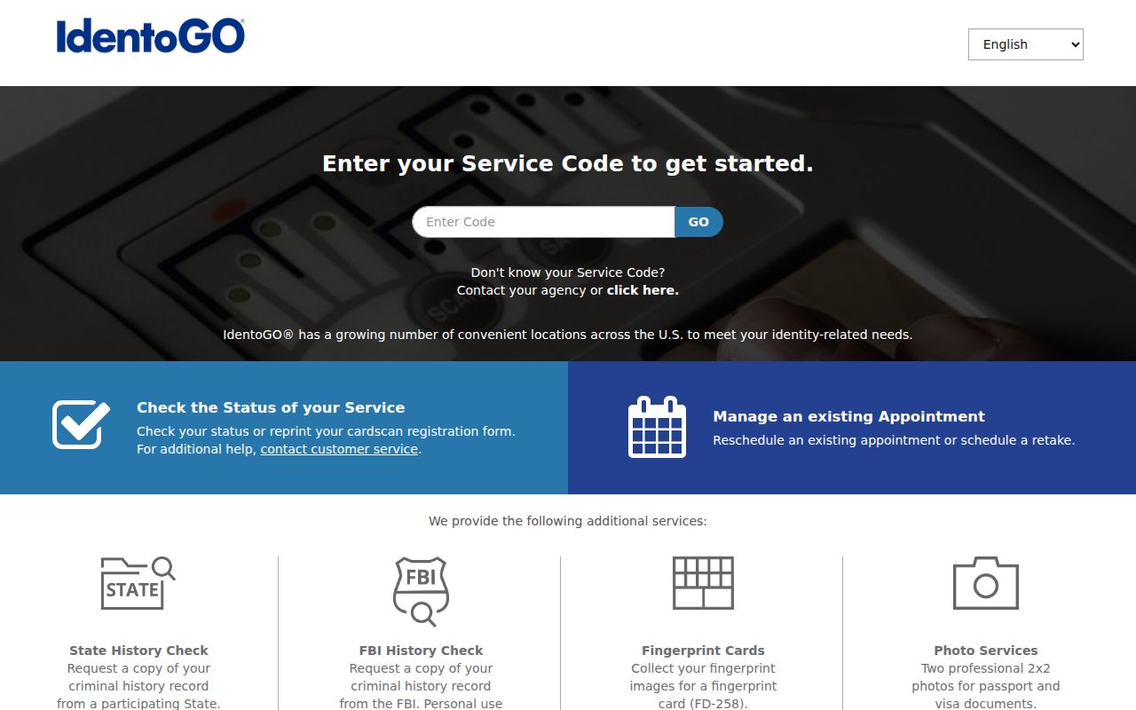 Louisiana LAPS IdentoGO service-code enrollment screen