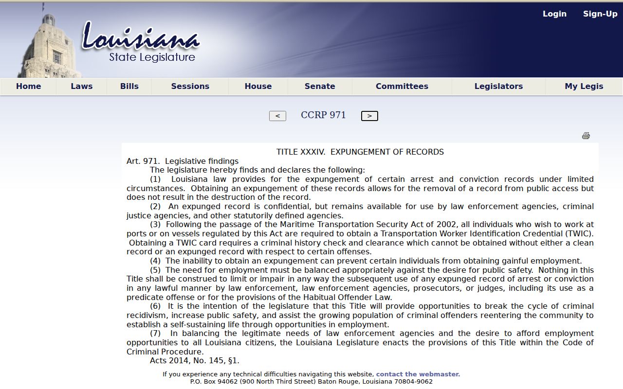 Louisiana Code of Criminal Procedure article 971 expungement policy