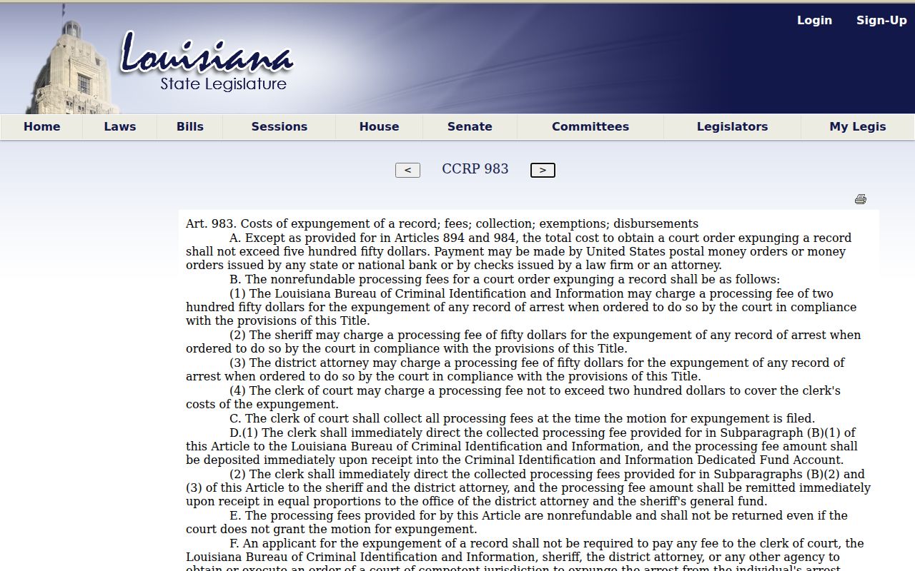 Louisiana law page stating the maximum expungement processing cost