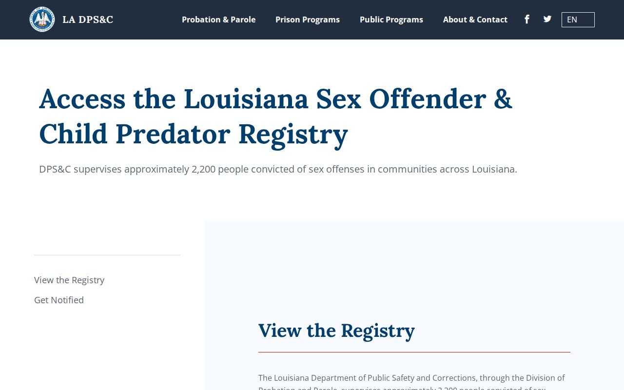 Louisiana DPS and Corrections official sex offender registry entry page